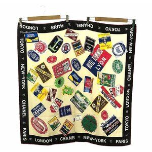Vintage Chanel world hotel logo stamps multicolor silk scarf 87 black red blue